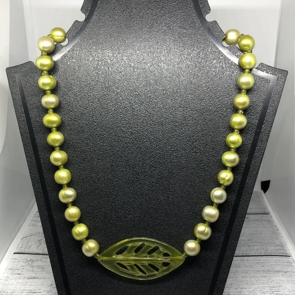Artisan vintage freshwater pearl leaf pendant statement necklace sterling